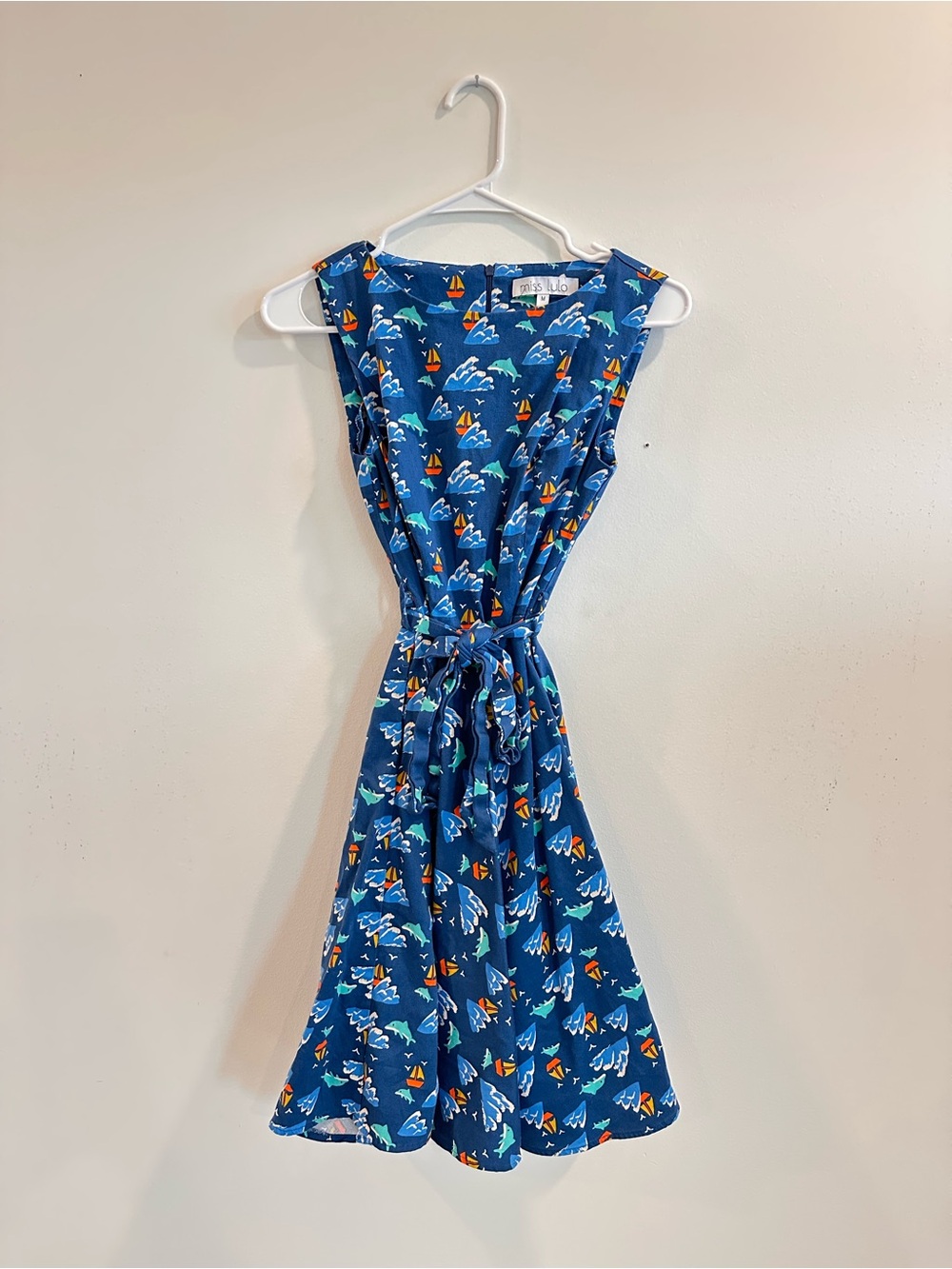Blue Sailboat-Print Tie-Waist Midi Dress